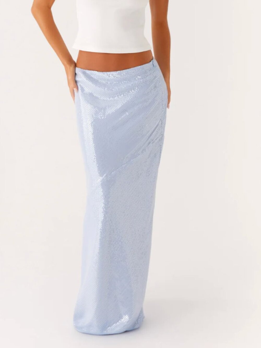 Peppermayo NWT Algorithm Sequin Maxi Skirt Light Blue Low Rise Party Size US 8 - Picture 2 of 11